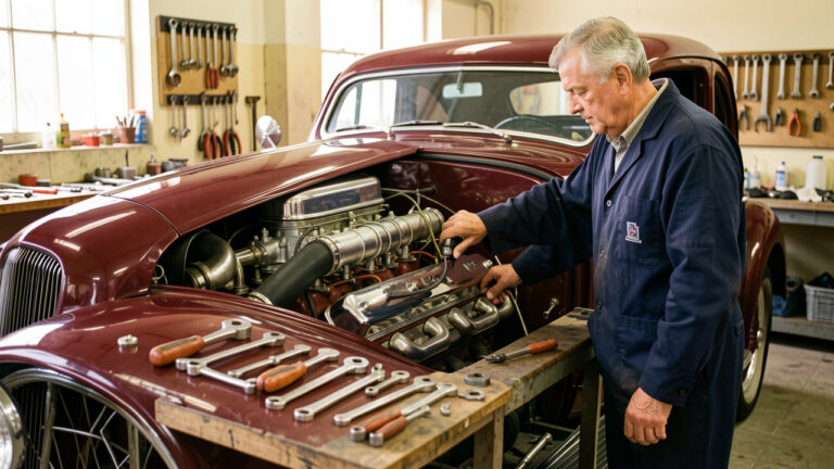 Un homme inspecte avec soin le moteur d’une voiture ancienne dans un atelier de restauration automobile bien organisé.