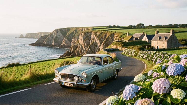 Automobile ancienne roulant sur une route côtière sinueuse en Bretagne, entre falaises, champs verdoyants et maisons en pierre.