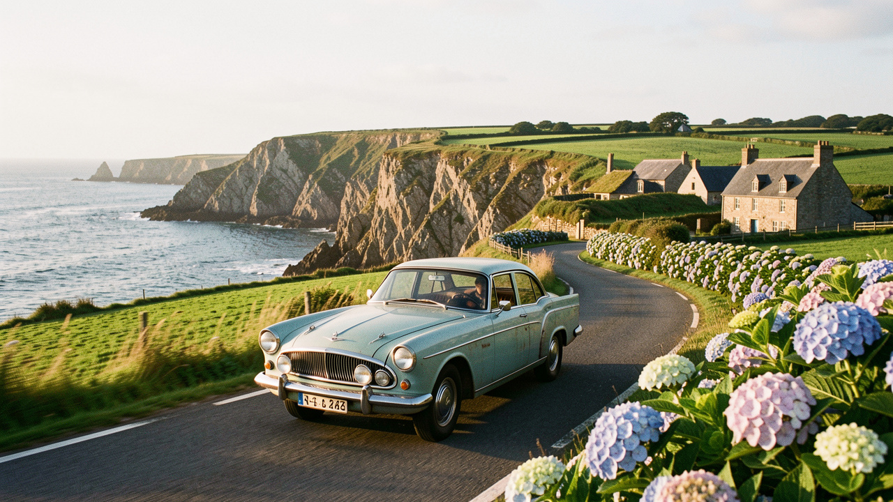 Automobile ancienne roulant sur une route côtière sinueuse en Bretagne, entre falaises, champs verdoyants et maisons en pierre.