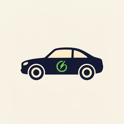 Emblème minimaliste représentant une voiture ancienne stylisée associée à la mobilité électrique et à la mécanique, sur un fond uni.