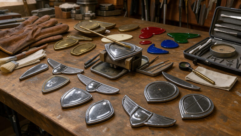 Collection d’emblèmes non marqués de voitures anciennes disposés avec des outils de restauration sur un établi en bois.