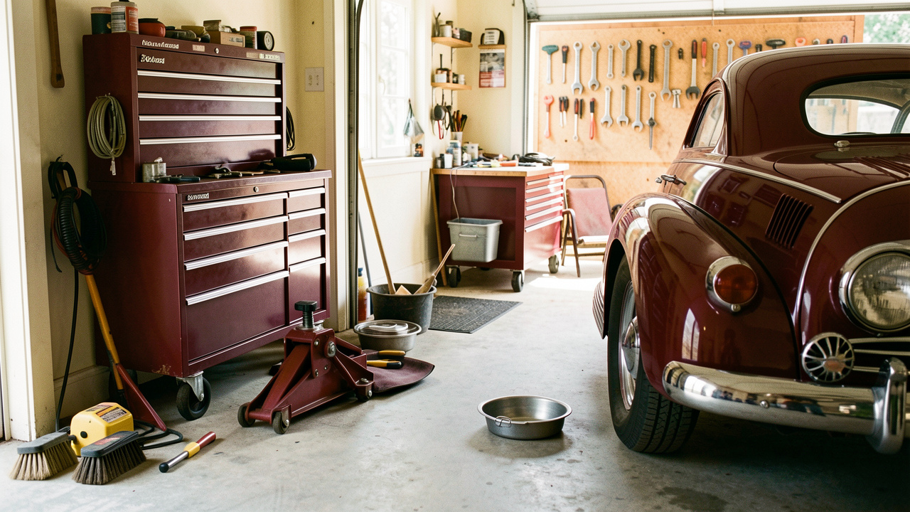 Garage vintage soigneusement organisé avec une voiture ancienne et les équipements essentiels pour son entretien à domicile.