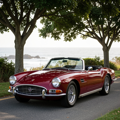 Cabriolet sportif américain de 1963, peint en rouge profond, photographié de trois quarts avant sur une route côtière bordée d’arbres.