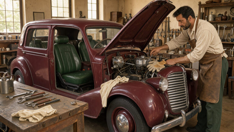Voiture de collection soigneusement entretenue dans un atelier traditionnel, avec détails chromés, intérieur en cuir et outils anciens.
