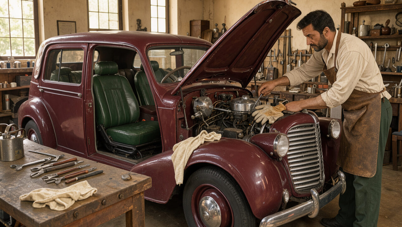 Voiture de collection soigneusement entretenue dans un atelier traditionnel, avec détails chromés, intérieur en cuir et outils anciens.
