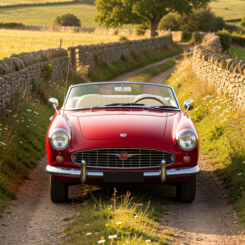 Petit roadster britannique rouge des années 1960 aux phares ronds surélevés, roulant sur une route de campagne bordée de fleurs sauvages et de murets en pierre.
