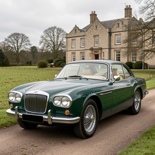 Berline britannique de luxe des années 1960, restaurée avec une carrosserie vert profond, une calandre chromée et des roues à rayons, photographiée devant un élégant manoir.