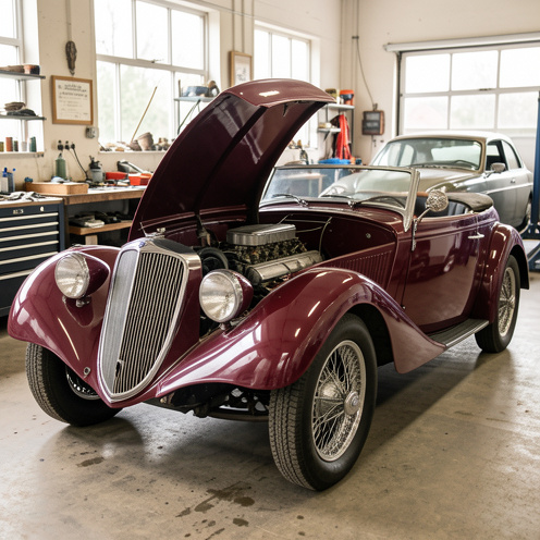 Roadster britannique des années 1950 en peinture bordeaux, capot ouvert dans un atelier de voitures anciennes pour montrer le moteur et les détails mécaniques.