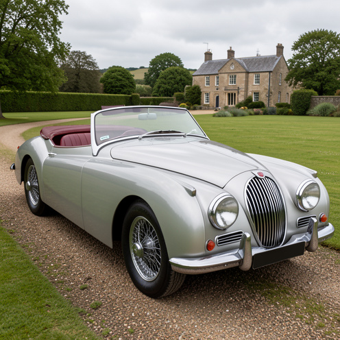 Roadster Jaguar XK140 de 1957 présenté en vue trois quarts avant, avec carrosserie classique, calandre chromée, roues à rayons et intérieur en cuir rouge.