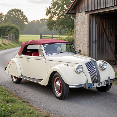Roadster allemand de 1960 soigneusement restauré, avec carrosserie crème, sellerie rouge, détails chromés et capote bordeaux, photographié devant un garage ancien.