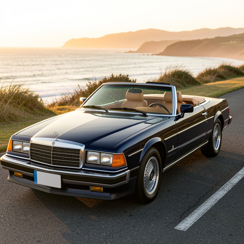 Roadster de collection des années 1980, peint en bleu nuit avec sellerie beige, photographié sur une route côtière au coucher du soleil.