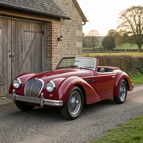 Roadster britannique de 1960 rouge foncé, présenté dans un garage de campagne pour une inspection attentive.