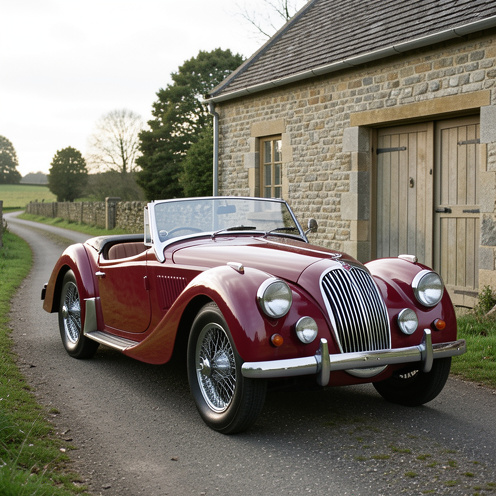 Roadster britannique rouge de 1957 présenté en trois-quarts avant, avec calandre chromée, ailes arrondies et roues à rayons, dans un décor champêtre.