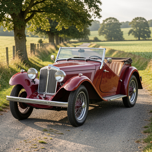 Roadster britannique MG TD de 1952 restauré, peint en rouge profond, photographié sur une route de campagne avec une lumière matinale douce.