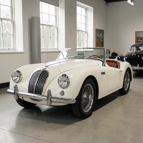 Roadster britannique MGA 1500 de 1958 en teinte Old English White, présenté de trois quarts dans un espace d’exposition automobile.