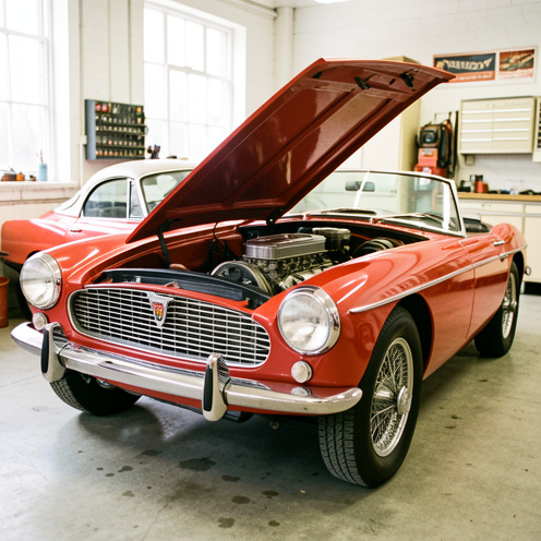 MGA 1600 de 1960 rouge présenté dans un atelier lumineux, capot ouvert et éléments mécaniques visibles pour inspection.
