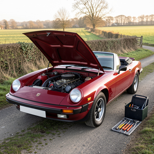 Roadster britannique classique de 1980 en rouge, capot ouvert sur une allée de campagne, avec le moteur et des outils d’inspection visibles.