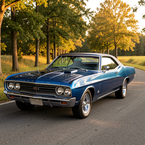 Voiture américaine fastback de 1966 au style muscle car, peinte en bleu métallisé, photographiée sur une route bordée d’arbres à l’heure dorée.