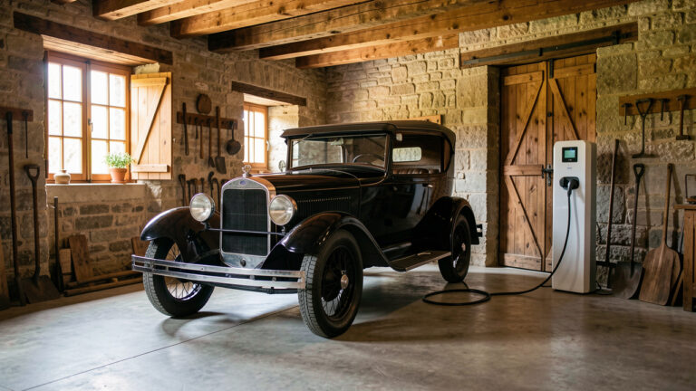 Automobile de collection stationnée dans un garage ancien préservé, reliée à une borne de recharge électrique discrète et intégrée harmonieusement.