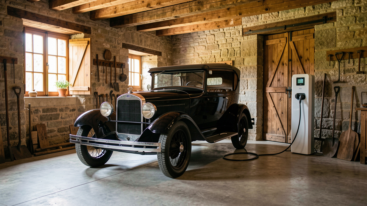 Automobile de collection stationnée dans un garage ancien préservé, reliée à une borne de recharge électrique discrète et intégrée harmonieusement.