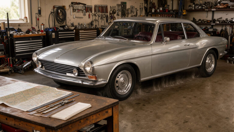 Coupé allemand classique restauré dans un garage spécialisé, avec une carte routière ouverte et du matériel de préparation d’itinéraire.
