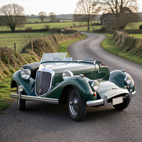 Ancien roadster britannique vert foncé des années 1960, photographié de trois quarts au bord d’une route de campagne.