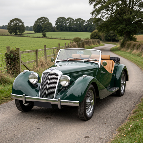 Une voiture de sport britannique des années 1960, vert forêt avec sièges en cuir beige et roues à rayons, roulant sur une route de campagne sinueuse.