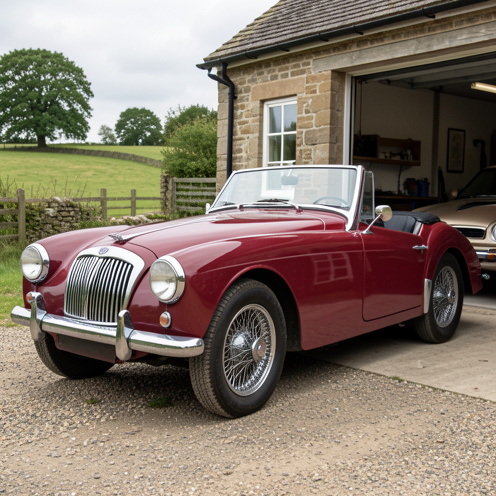 Roadster britannique rouge des années 1960 présenté de trois quarts avant dans un garage de campagne, avec carrosserie classique, calandre chromée et roues à rayons.