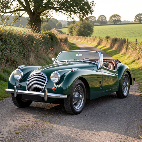 Roadster britannique Triumph TR3A de 1960 restauré, vert foncé, photographié de trois quarts avant sur une route de campagne.