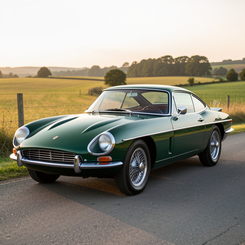 Coupé sportif britannique classique des années 1960, vert sombre, photographié de trois quarts sur une route de campagne éclairée par une douce lumière dorée.