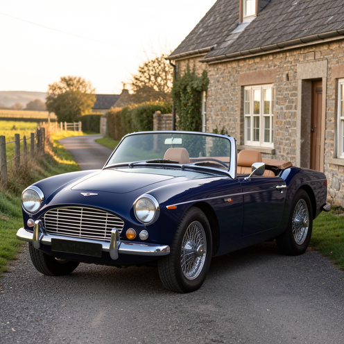 Roadster britannique Triumph TR250 de 1968 restauré, bleu foncé avec pare-chocs chromés et roues à rayons, photographié devant une maison en pierre.