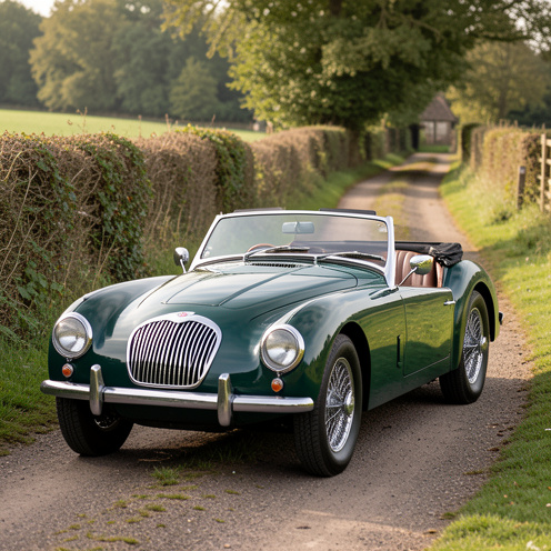 Roadster britannique classique vert course, restauré avec ses détails chromés et ses roues à rayons, photographié sur une route de campagne anglaise.