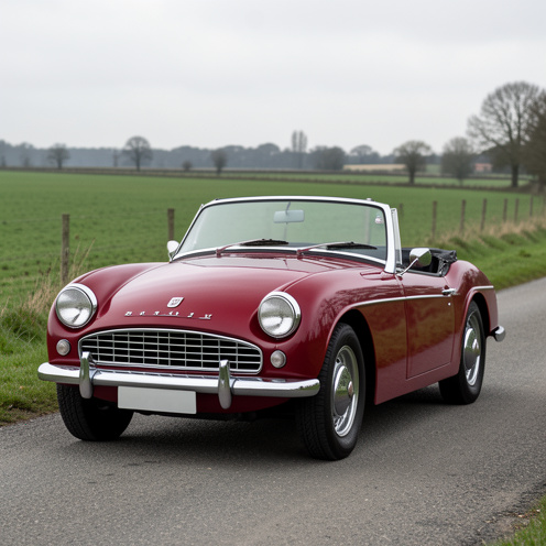 Roadster britannique biplace de 1962 aux détails caractéristiques d'une Triumph TR3B TCF, avec carrosserie rouge foncé et éléments chromés, stationné sur une route de campagne verdoyante.