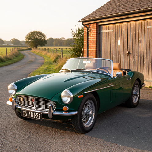 Roadster britannique classique vert émeraude, restauré avec soin, photographié de trois quarts devant un garage ancien.