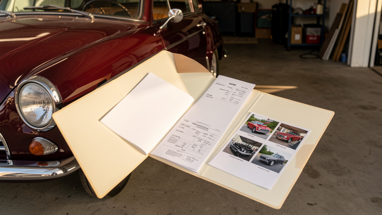 Voiture ancienne soigneusement restaurée présentée à côté d’un dossier organisé avec des documents vierges et des photographies d’inspection.