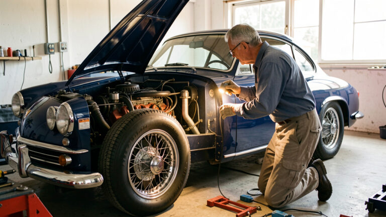 Mécanicien examinant attentivement le moteur, les pneus et la carrosserie d’une voiture ancienne bleue dans un garage lumineux.