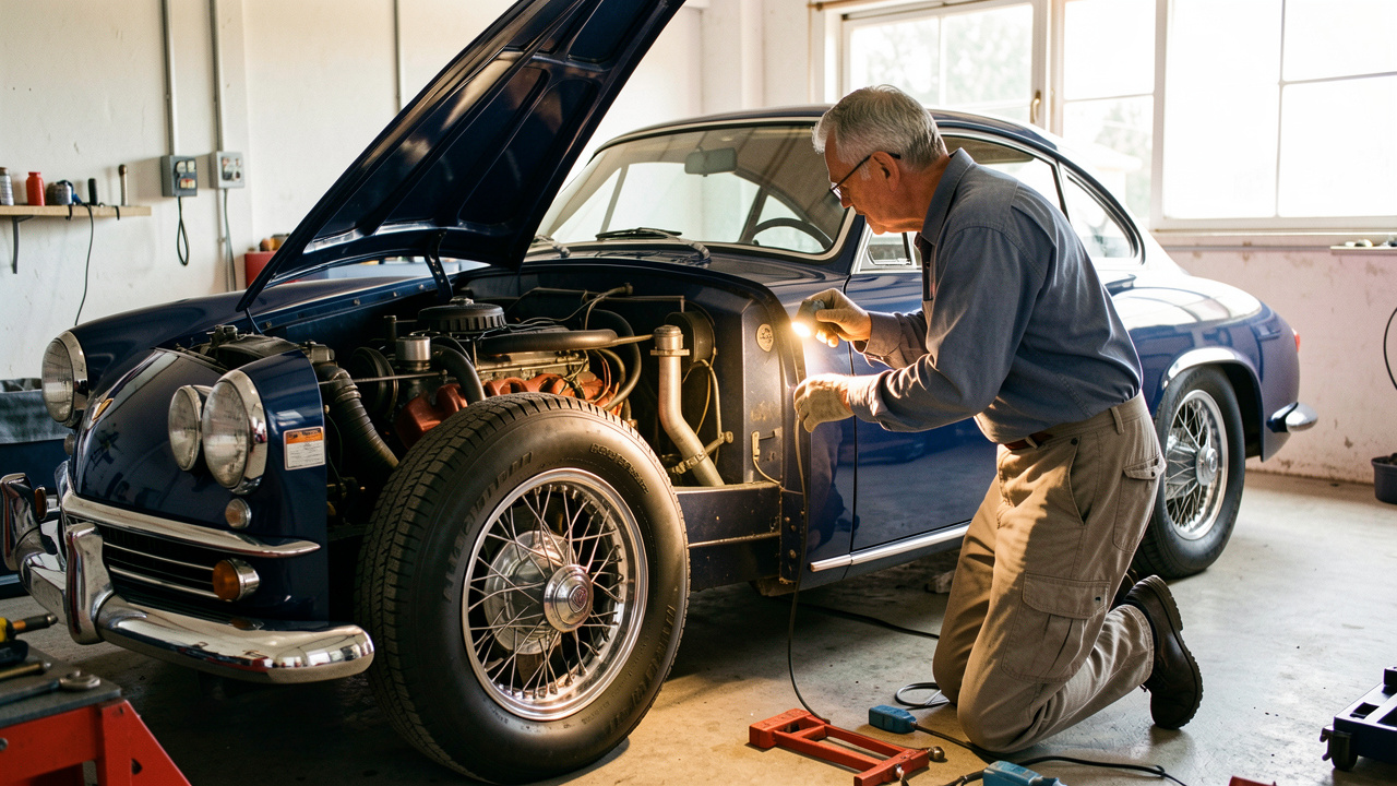 Mécanicien examinant attentivement le moteur, les pneus et la carrosserie d’une voiture ancienne bleue dans un garage lumineux.