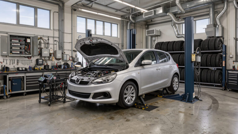 Atelier automobile aménagé pour une inspection avant achat, avec pont élévateur, voiture au capot ouvert, équipements techniques et outils bien rangés.