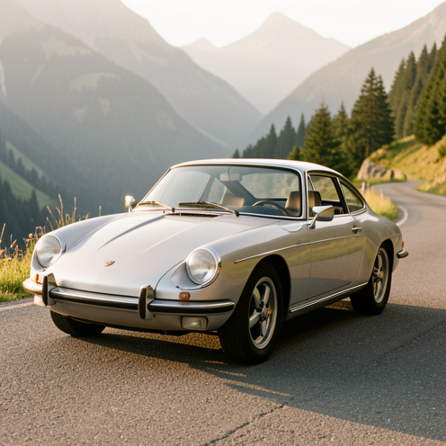 Voiture sportive allemande ancienne de 1970, argentée, photographiée sur une route de montagne à la lumière dorée.