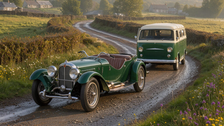 Une voiture anglaise ancienne et un van vintage roulent ensemble sur une route de campagne bordée de haies et de cottages en pierre.