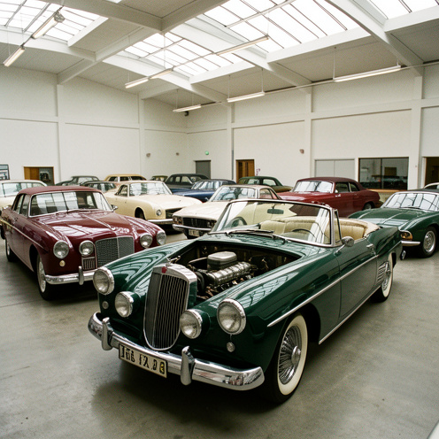 Sélection de voitures anciennes restaurées exposées dans un showroom lumineux, avec des carrosseries colorées et des détails chromés.